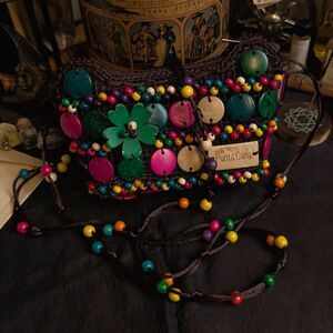 Vintage Wooden Beaded Mini Crossbody Purse Colorful Floral Punta Cana